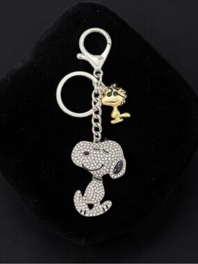 Peanuts Snoopy & Woodstock Fine Silver Plated & Rhinestone Keychain - Brand New
